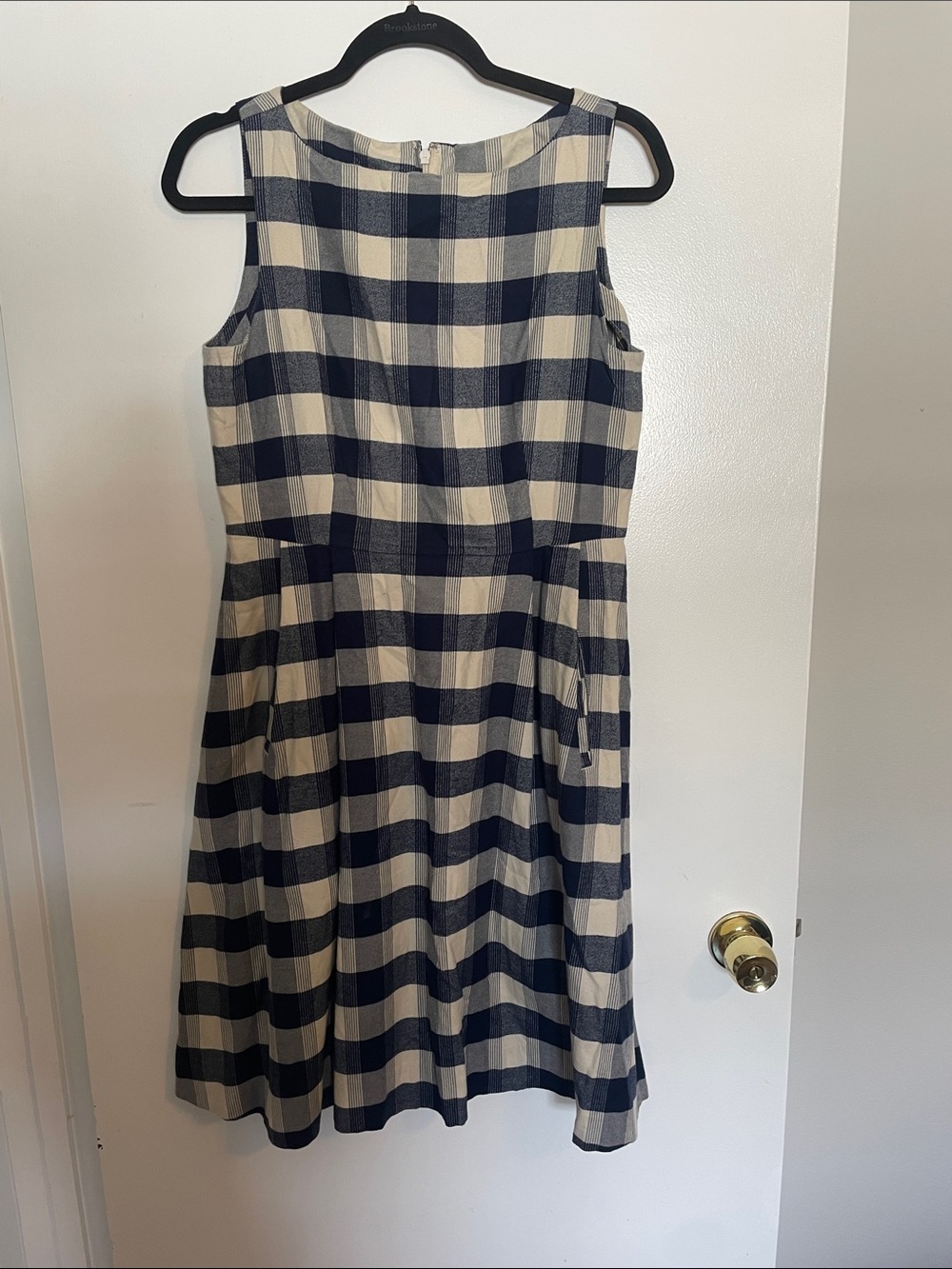 L.L. Bean Navy and Cream cotton flannel Checked Sleeveless Button-Back Dress